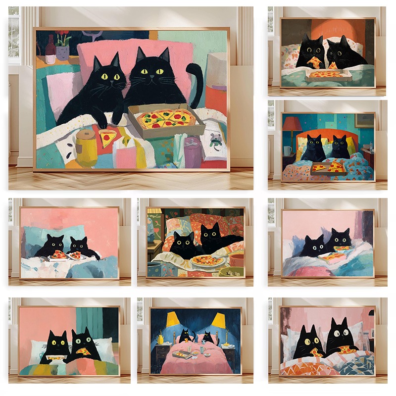 Pet Beds - Twee Zwarte Katten die Pizza eten